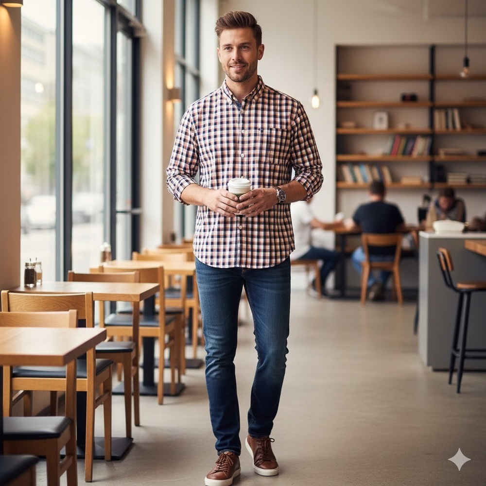 Men's Nautica Plaid Shirt in Orange and Blue